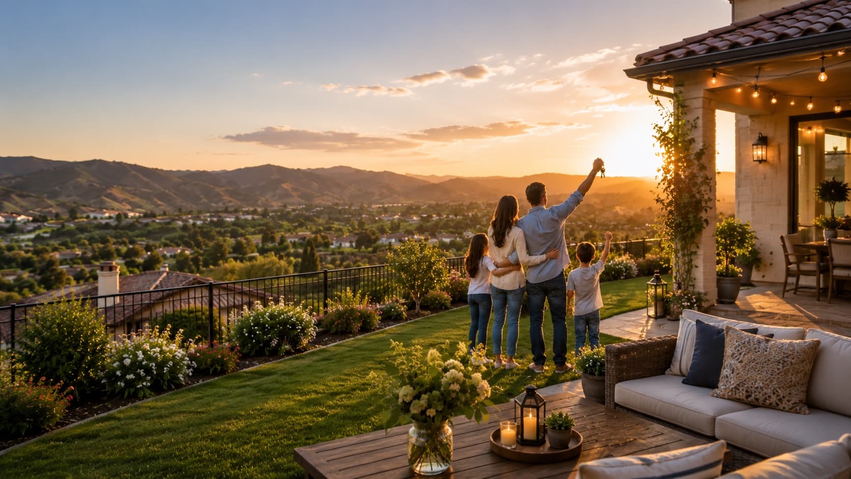A family celebrating with their new house keys on the patio of their home at sunset, overlooking the Santa Clarita Valley