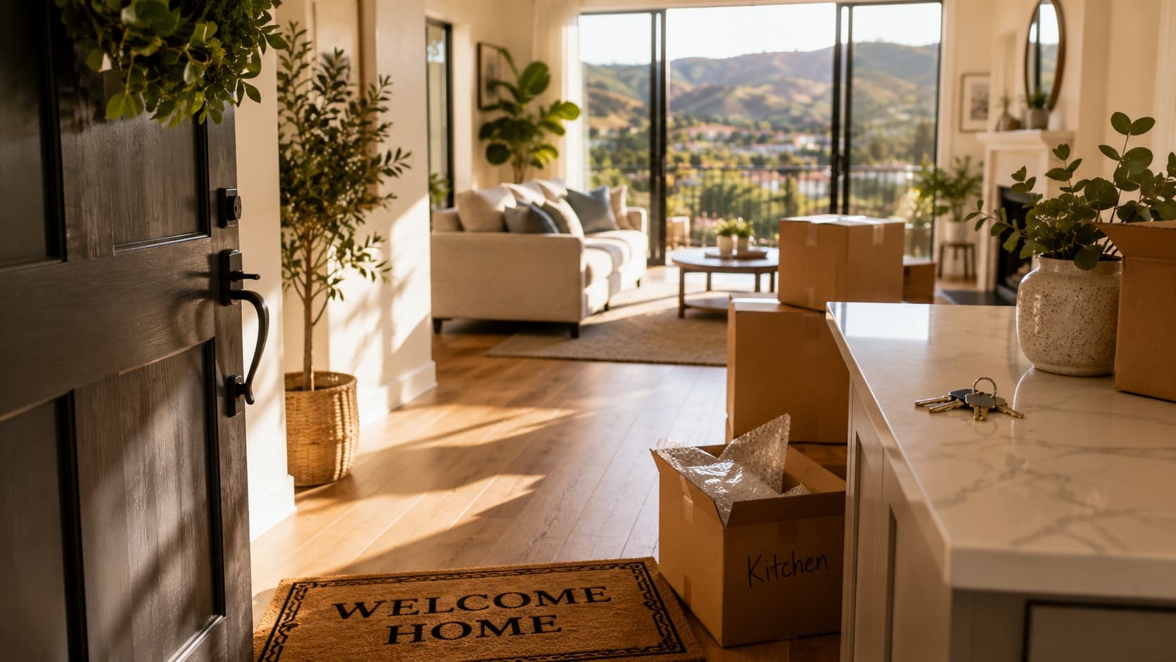 Walking into a new home on moving day, with the new house keys on the counter and a 'Welcome Home' mat by the door, overlooking the Santa Clarita Valley